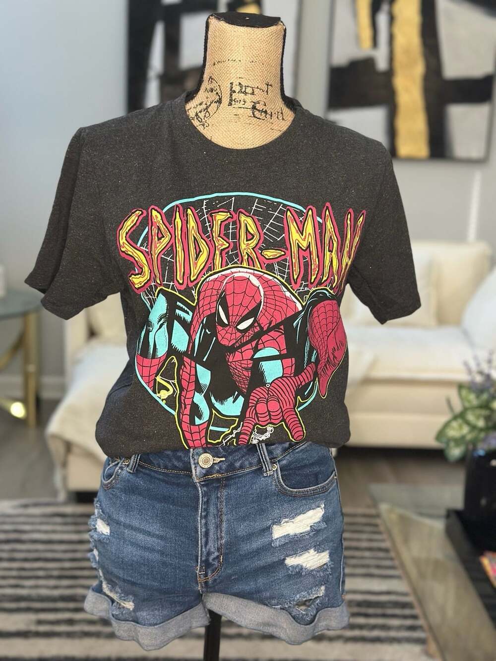 Marvel Spider-Man Graphic T-Shirt Size M Charcoal Gray Cotton Blend